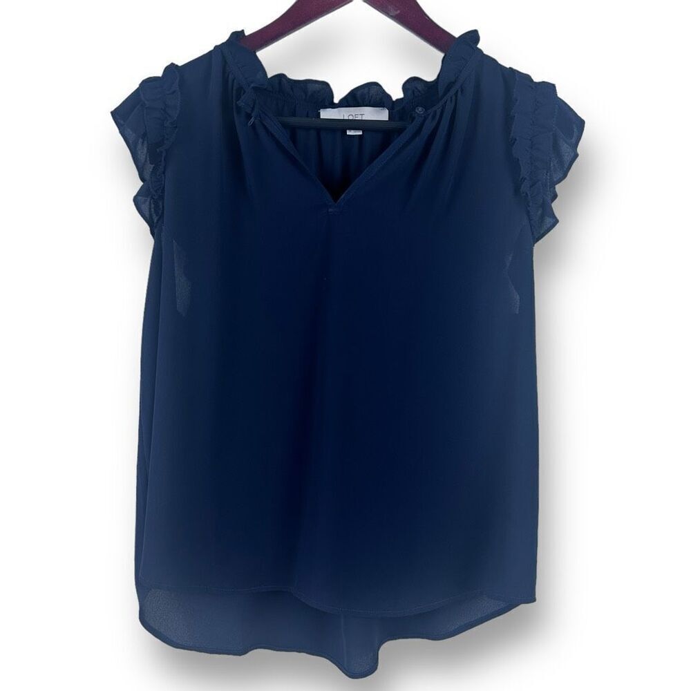 Loft Women's M Ruffle Sleeve Chiffon Blouse Navy Blue Preppy Career Wear‎ Office